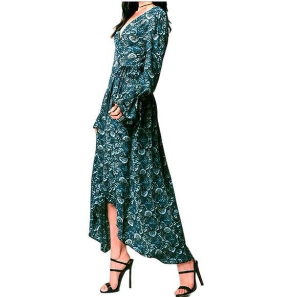 New Band of Gypsies Collective Jewel Teal Floral Wrap Maxi Dress Sz XS - Picture 4 of 13